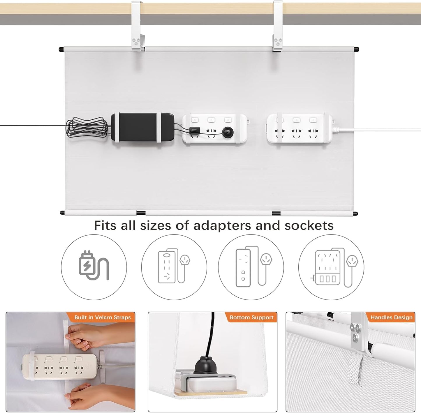 Under Desk Cable Management Tray - 36" Cord Organizer for Desk No Drill, Fabric Under Table Wire Organizer with 16X Cable Ties Hide for Office/Home, Cord Hider Fits Adapters & Sockets, White
