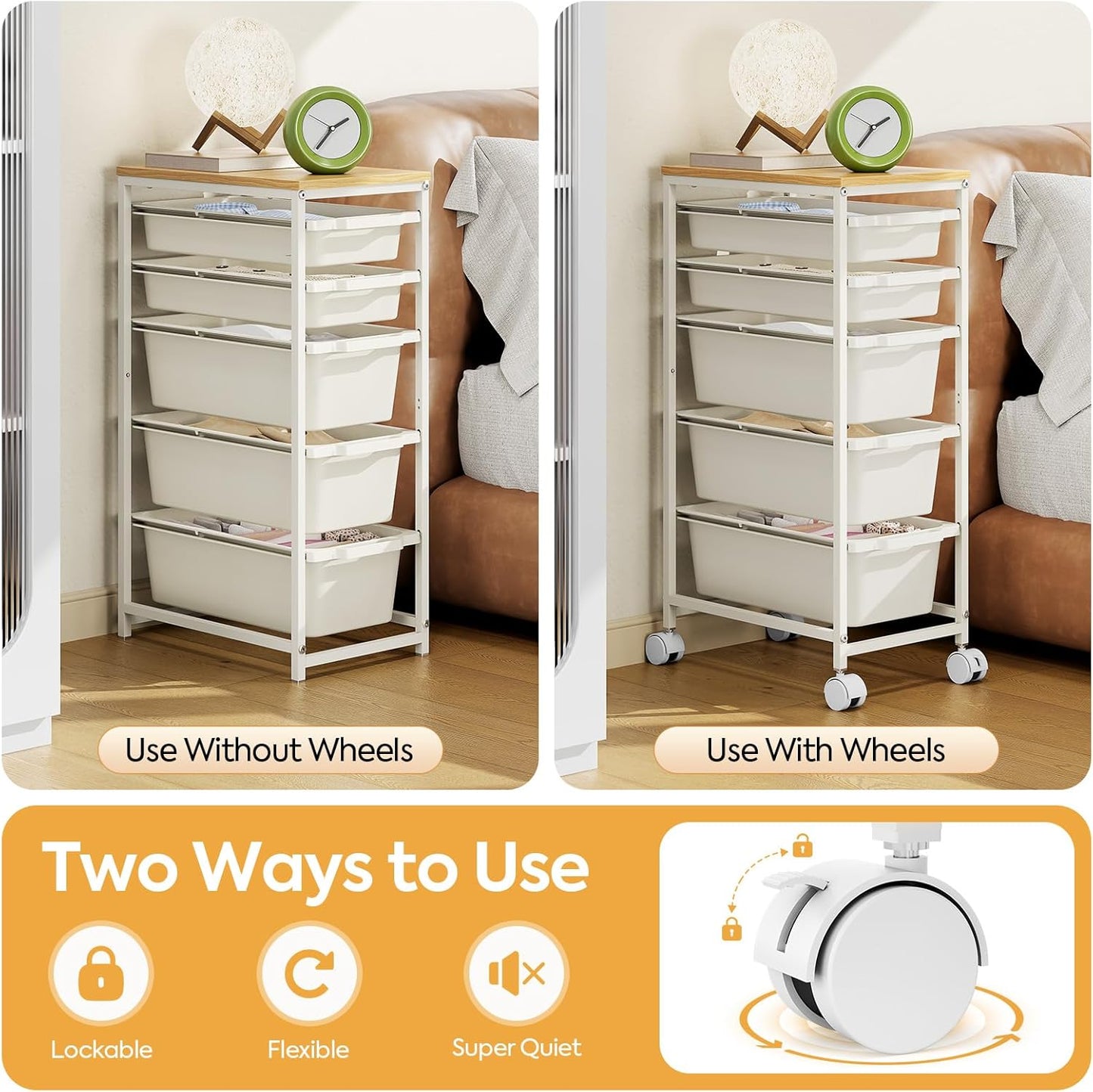 Rolling Storage Cart with 3 Drawers, Craft Organizer, Wooden Tabletop Utility Cart for Bedroom, Children's Room and Office Organization, Under Desk Trolley with Lockable Wheels,White