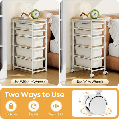 Rolling Storage Cart with 3 Drawers, Craft Organizer, Wooden Tabletop Utility Cart for Bedroom, Children's Room and Office Organization, Under Desk Trolley with Lockable Wheels,White