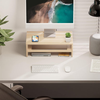 FITUEYES Monitor Stand - 2 Tier Computer Monitor Riser Shelf, Wood Desktop Stand for Laptop Computer Screen, Desk Organization, Office Supplies