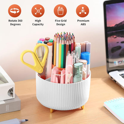 Desk Pencil Pen Holder, 5 Slots 360°Degree Rotating Pen Organizers for Desk, Desktop Storage Stationery Supplies Organizer, Cute Pencil Cup Pot for Office, School, Home, Art Supply, Dark Green