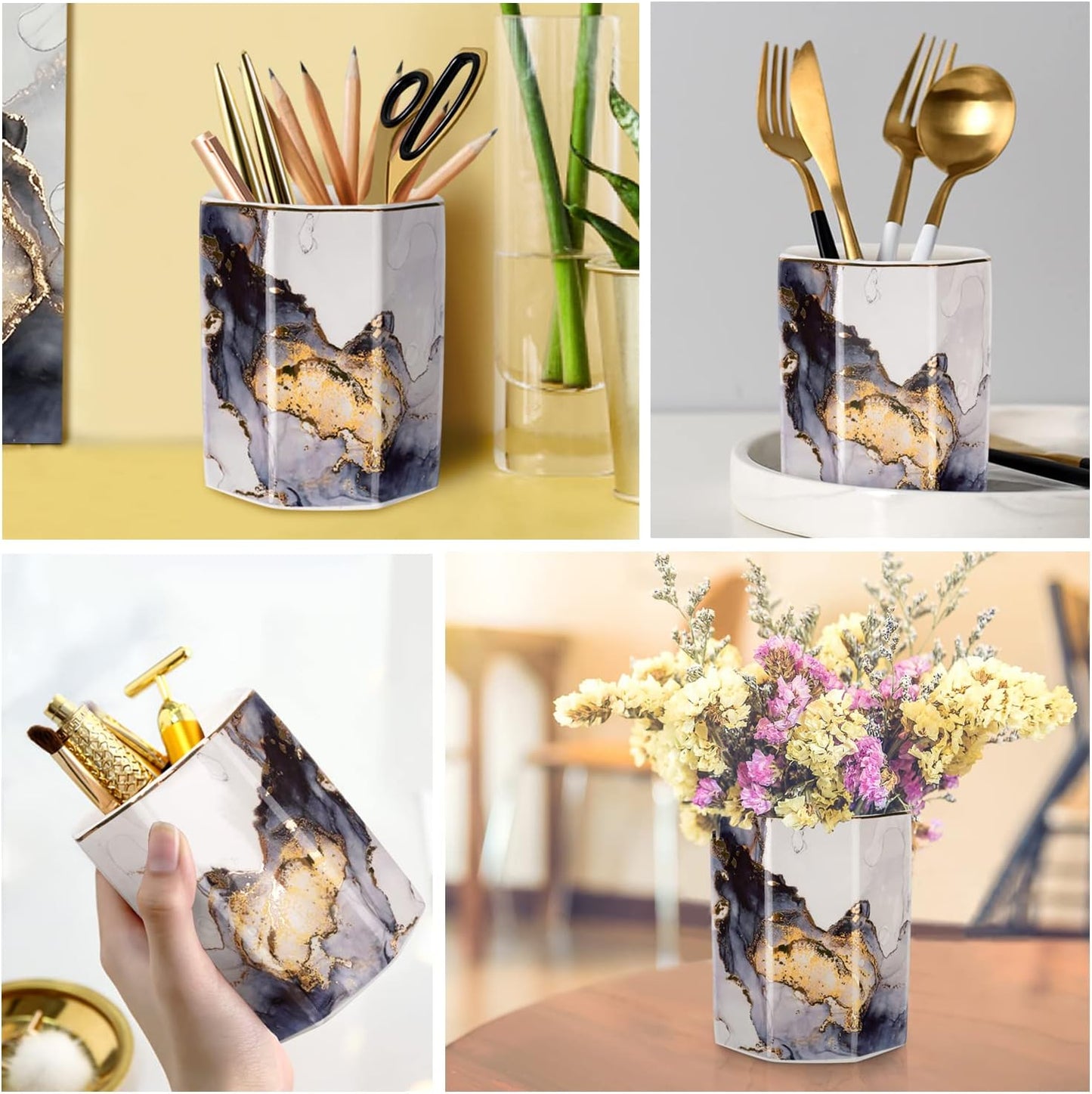 WAVEYU Ceramic Pen Holder for Desk Cute, Pencil Cup Pot Desk Organizer, Makeup Brush Holder for Women, Men, Kids, Desk Marble Decor for Office, Classroom, Home, Gray Golden