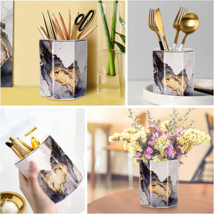WAVEYU Ceramic Pen Holder for Desk Cute, Pencil Cup Pot Desk Organizer, Makeup Brush Holder for Women, Men, Kids, Desk Marble Decor for Office, Classroom, Home, Gray Golden