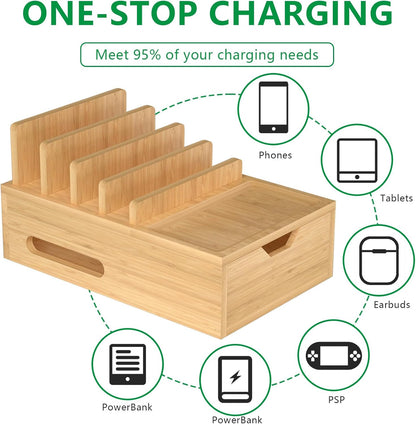 Bamboo Charging Station for Multiple Devices, Desktop Charger Organizer with Tray& Drawer, Wooden Docking Station for Smart Devices, Cell Phone, Tablet,Watch (Include 6 Cables, 5 Port USB Charger)