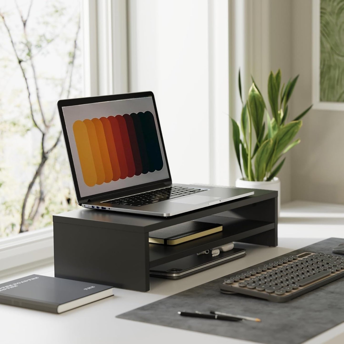 FITUEYES Monitor Stand - 2 Tier Computer Monitor Riser Shelf, Wood Desktop Stand for Laptop Computer Screen, Desk Organization, Office Supplies
