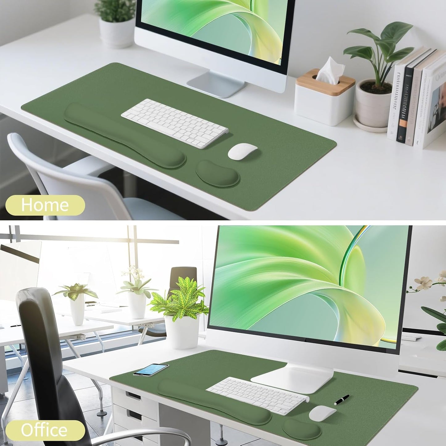 Green Desk Pad and Keyboard Wrist Rest, 3in1 Mousepad + Keyboard Wrist Rest+Mouse Wrist Rest for Home Office Table Computer Cover. (31.5×15.7,Green)