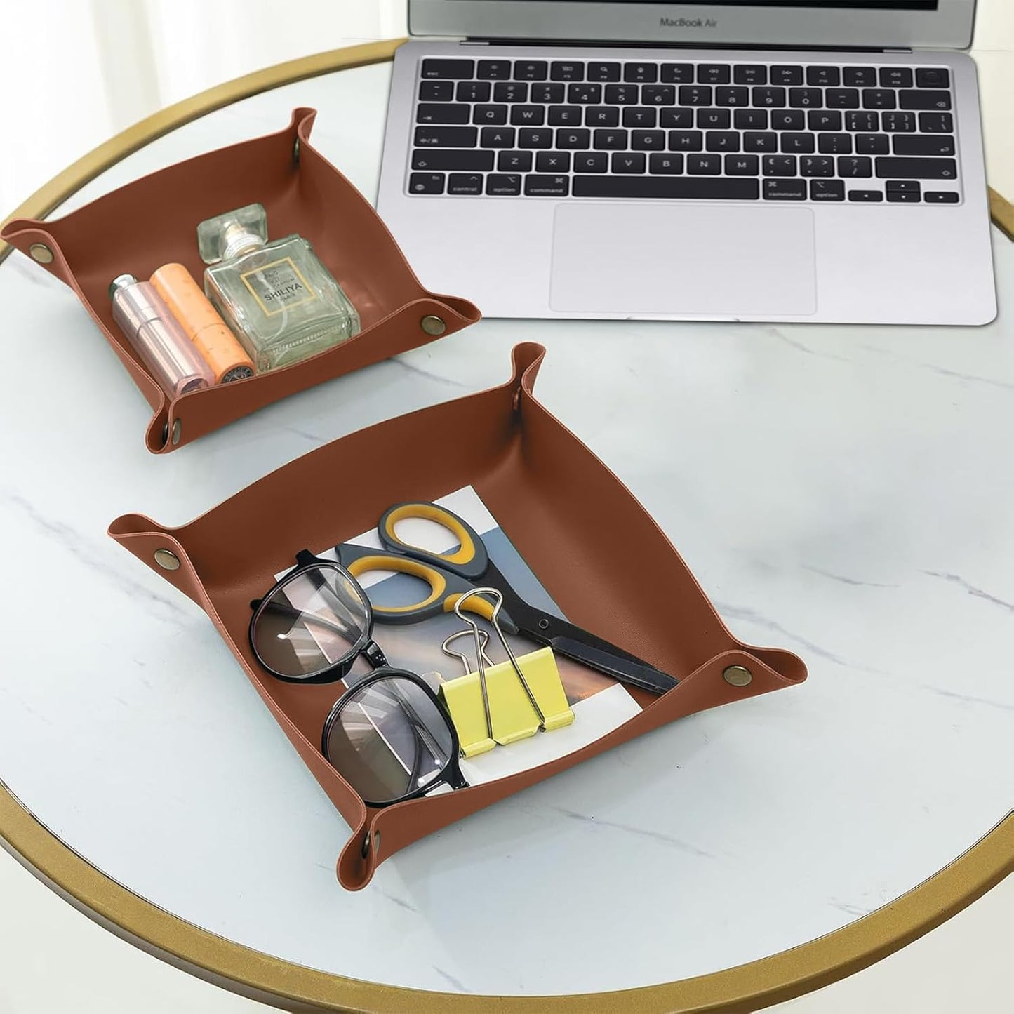 2 Pack (Size:9.84"&7.87") PU Leather Jewelry Valet Tray,Portable Entryway Table Nightstand Desk Tray Catchall Travel Plate Organizer for Phone, Keys, Wallet, Watch,Coin (Black)