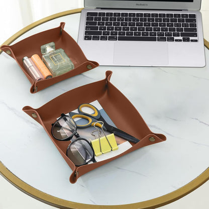 2 Pack (Size:9.84"&7.87") PU Leather Jewelry Valet Tray,Portable Entryway Table Nightstand Desk Tray Catchall Travel Plate Organizer for Phone, Keys, Wallet, Watch,Coin (Black)