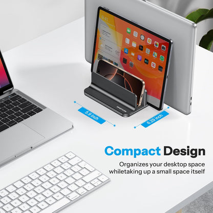 OMOTON Vertical Laptop Stand [Updated 3-Slots Version], Desktop Aluminum Mac Book Stand with Adjustable Dock Size, Fits All Mac Book, Chrome Book and Gaming Laptops (Up to 17.3 inch), Starlight