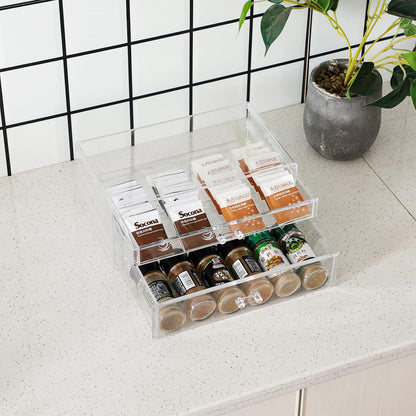 Cq acrylic Drawer Organizer with 3 Long Drawers,Stacking Office Supply Organizer and Desk Pen Storage and Stationary Organizer,Clear Makeup Storage Organizer for Palettes,Cosmetic, Beauty for Vanity