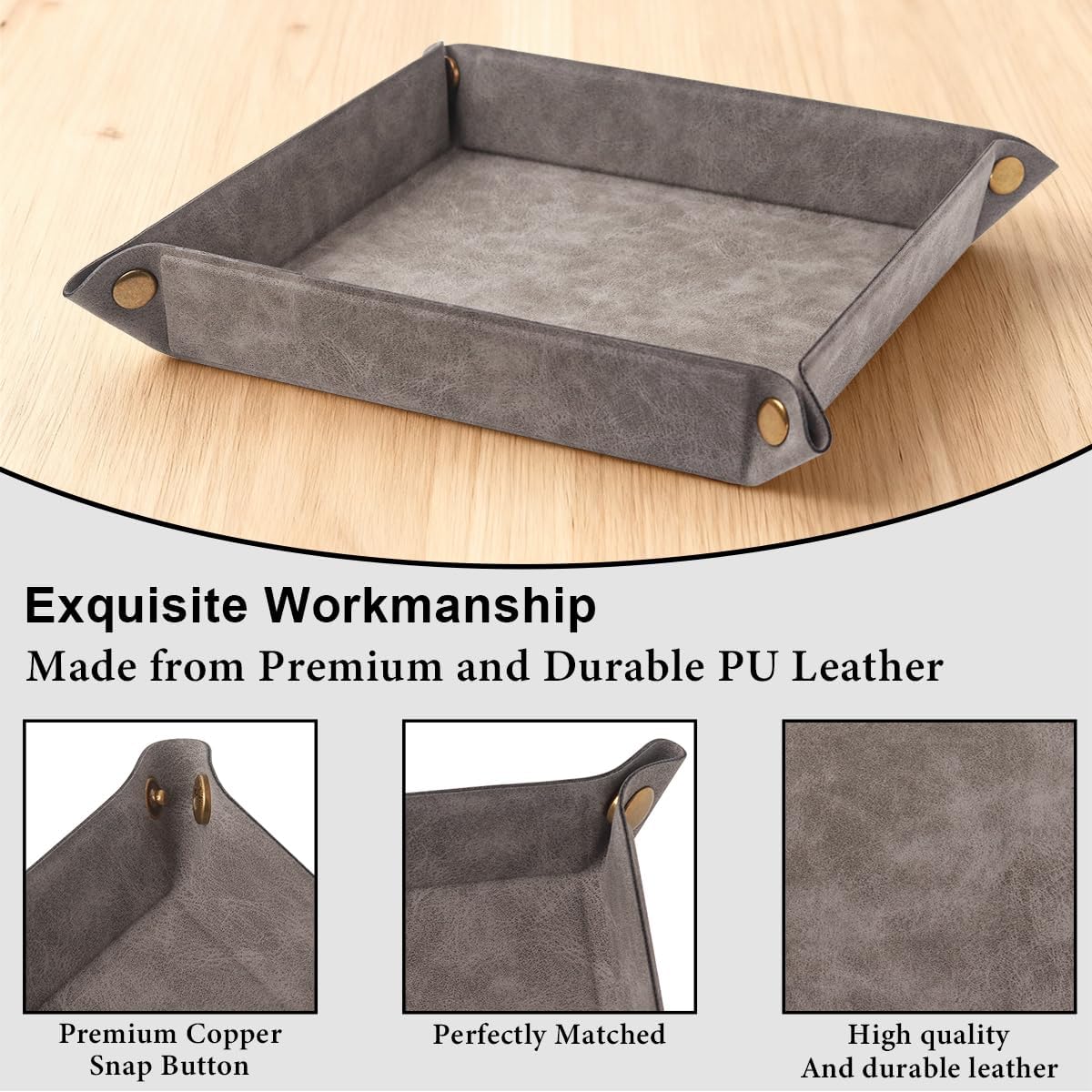 Valet Tray Desktop Storage Organizer – Premium PU Leather Catchall Bedside Vanity Tray Nightstand Caddy Holder for Remote Controller, Keys, Phone, Wallet, Coin, Jewelry,Brown