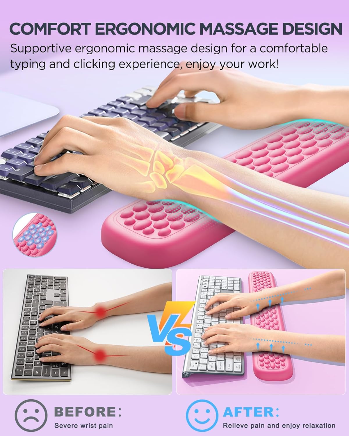Lekvey Ergonomic Keyboard Wrist Rest - Memory Foam with Massage Points & Waterproof PU Leather Wrist Pad, Carpal Tunnel Support for Office Computer/Gaming, Typing Pain Relief, Easy-Clean（Rose Pink）