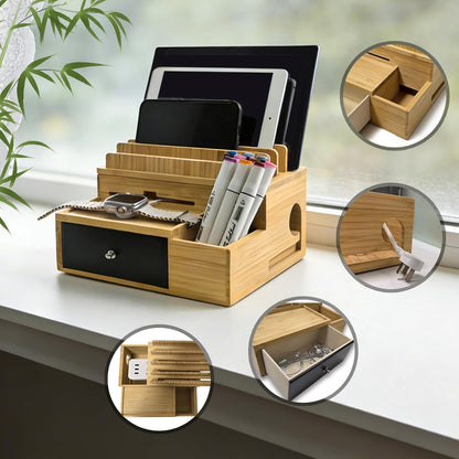 Bamboo Charging Organizer for Multi-Devices, with Drawer and Pen Holder, Nightstand Desk Charging Stations Electronic Organizer for Cell Phone, Tablet, Etc (with 5-Cable, No USB Charger)