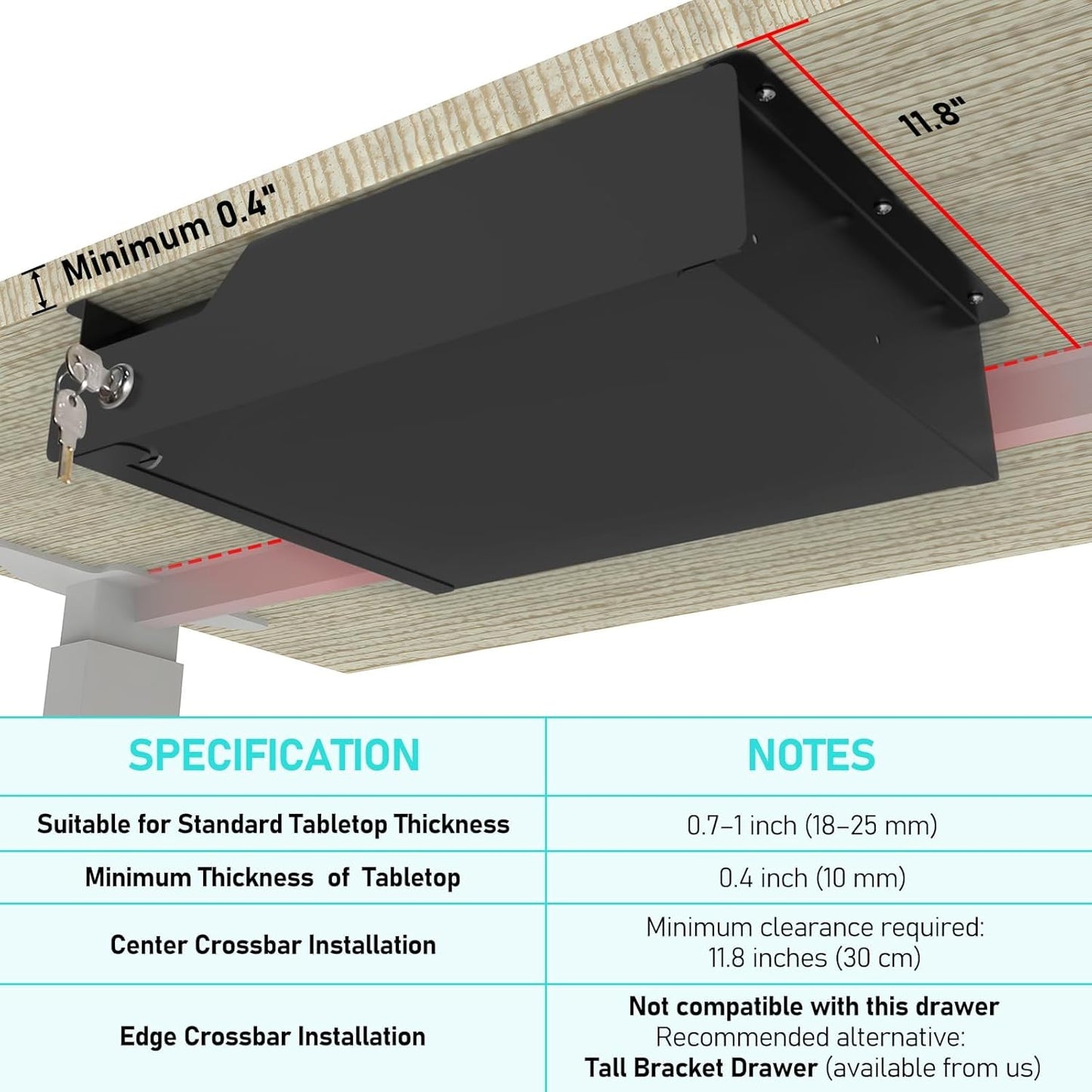 Under Desk Drawer Storage with Lock, Metal Undermount Table Drawer, Ball Bearing Slides Out Tray Organizer for Paper, Pencil, and Laptop 16"x11.8"x3.6", White