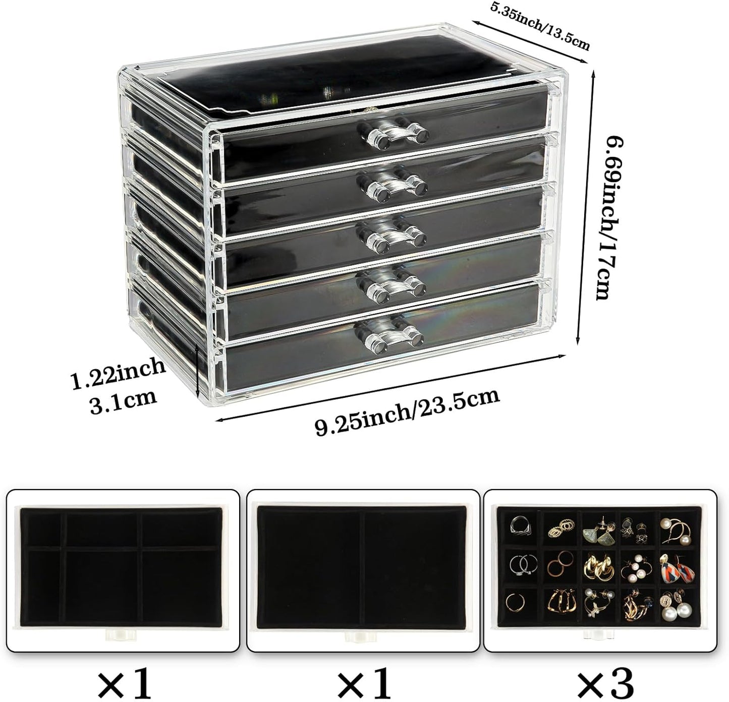 GUOER 5 Drawers Clear Jewelry Box for Women and Girls, Acrylic Earring Holder Organizer Ring Holder Display Storage, Mother's Day Warm White