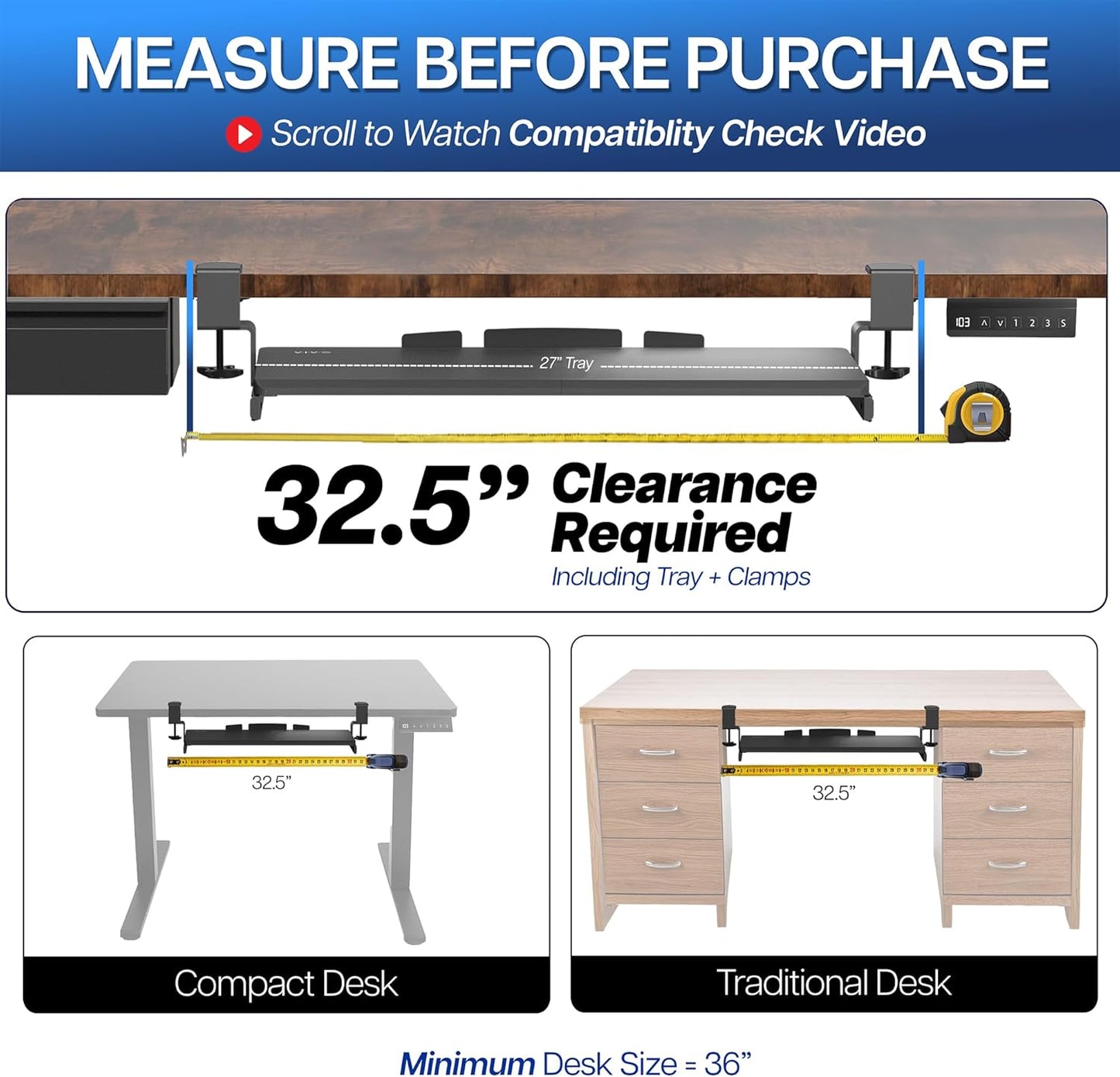 VIVO Large Clamp-on Computer Keyboard and Mouse Under Desk Slider Tray, 27 x 11 inch Pull Out Platform Drawer, White, MOUNT-KB05W