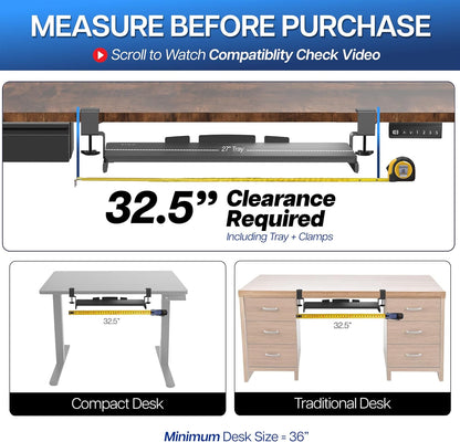 VIVO Large Clamp-on Computer Keyboard and Mouse Under Desk Slider Tray, 27 x 11 inch Pull Out Platform Drawer, White, MOUNT-KB05W