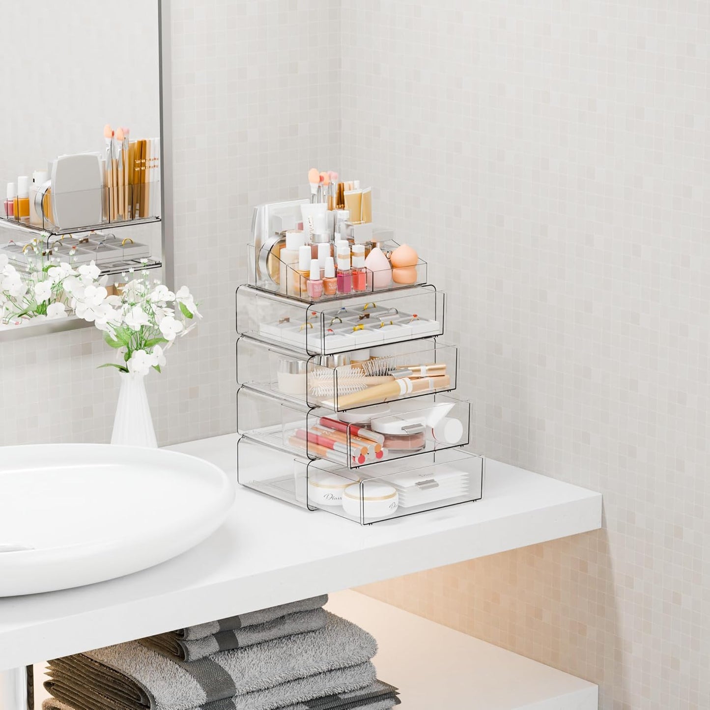 Yieach 3 Tier Clear Acrylic Makeup Organizers with Drawers,Tiered Countertop Make up Storage Organizer for Dresser Top and Bathroom Vanity,Plastic Makeup Stand for Brush,Skincare,Beauty Organizers
