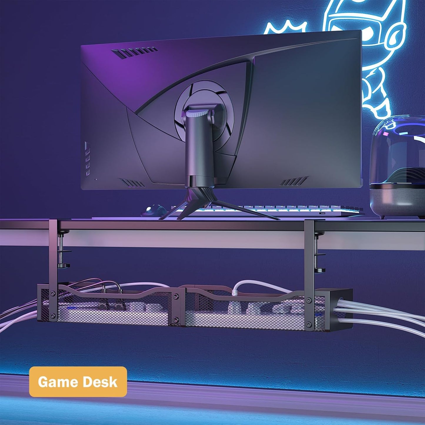 DELAMU 25'' Upgraded Under Desk Cable Management, No Dill Standing Desk Cord Management with Adjustable F-Clamp, Metal Desk Cable Organizer to Under Desk Organizer for Home Office, Black