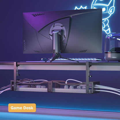 DELAMU 25'' Upgraded Under Desk Cable Management, No Dill Standing Desk Cord Management with Adjustable F-Clamp, Metal Desk Cable Organizer to Under Desk Organizer for Home Office, Black