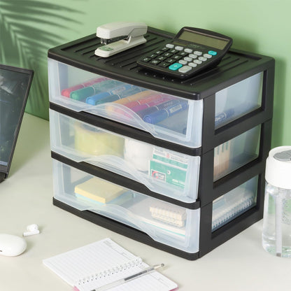 BYCY Medium 3 Drawer Plastic Clear Stacking Desktop Organizer for Office Supplies, Stackable Storage Drawers Storage Bins For Kitchen Cabinets, Pantry, Home Organization (Black, Medium 3Drawer)