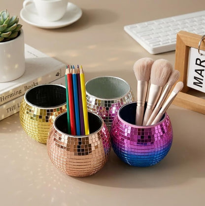 Disco Ball Makeup Brush Holder & Pen Cup - Fun Desk Accessories for Office, Cute Aesthetic Room Decor, 4.7 inch Unique gift vase for Her (rosegold)