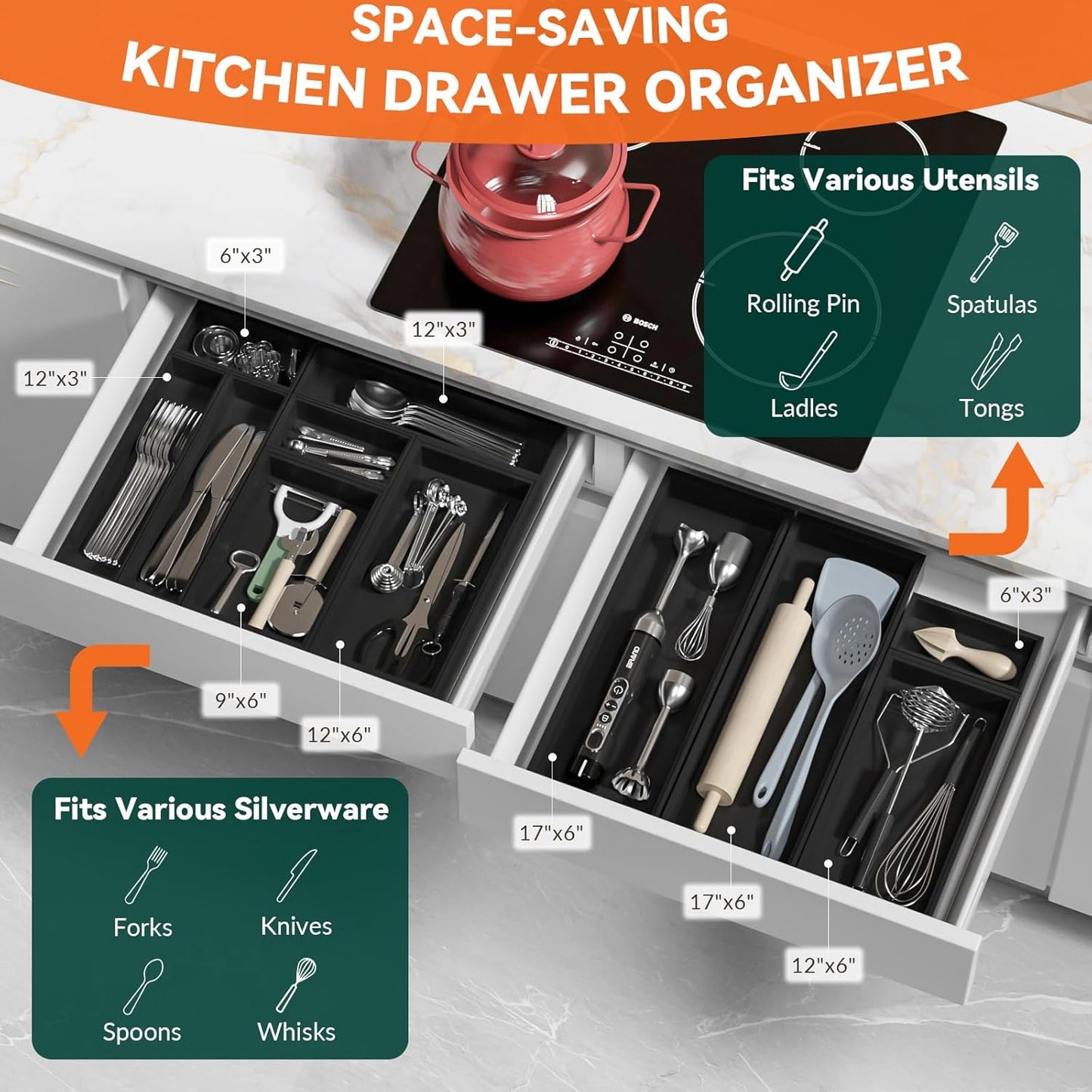 Lixple Bamboo Drawer Organizer, Cutlery Silverware Organizer for Kitchen Drawer, Stackable Utensil Organizer, 2 Pcs Flatware Organizer for Drawer, Wooden Storage Box Tray (Bamboo, 9 X 6 X 2 Inch)