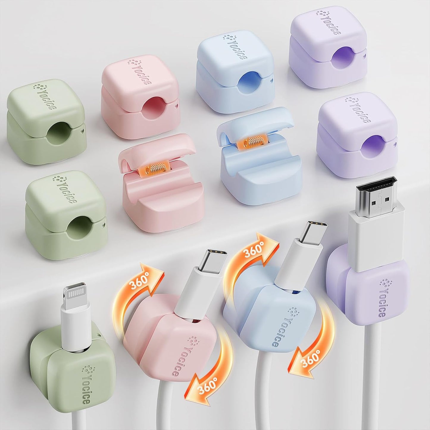 6Pack Rotatable Cord Organizer,Spring Cable Clips Desk Cable Management Cord Holder Adhesive Phone Charger Cord Clips for Home Office Car Wall Nightstand Accessories, Clear