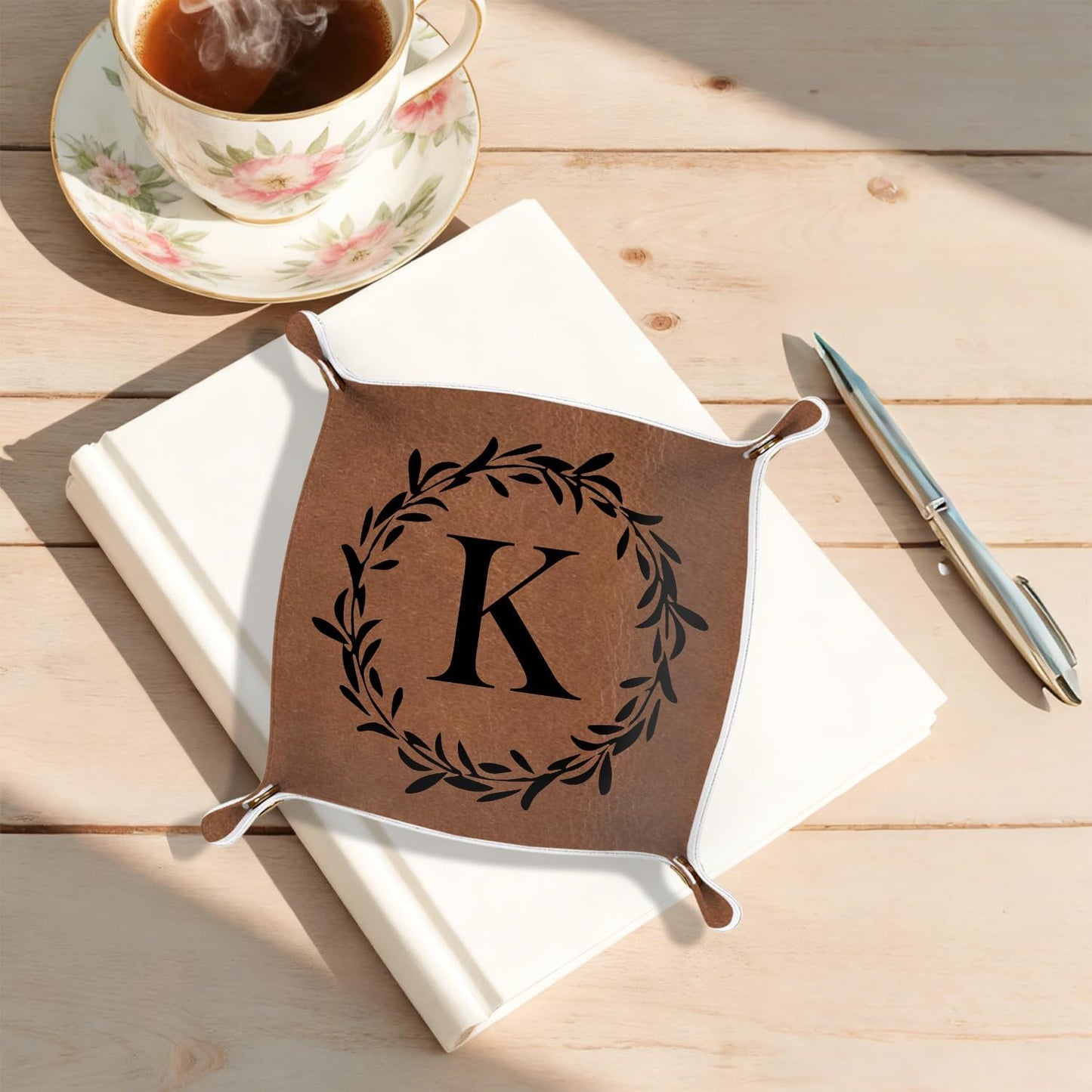 Gifts for Boyfriend Initial Valet Tray,Personalized Gifts for Dad Husband Boyfriend Grandpa,Nightstand Desk Accessories PU Leather Tray Organizer for Birthday Ideas (M)