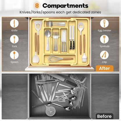 Caperci Large Silverware Organizer for Kitchen Drawer & Utensils - Expandable Drawer Organizer for Cutlery, Flatware & Gadget, BPA-Free Thick Plastic, Wider Compartments & Non-skid Feet (Tofu)