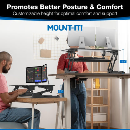 Mount-It! Standing Desk Converter, Compact 25" Sit Stand Desk Riser with Gas Spring Lift, Adjustable Height Desktop Riser for Laptop, Monitor, and Keyboard, Small Home Office Desk Converter