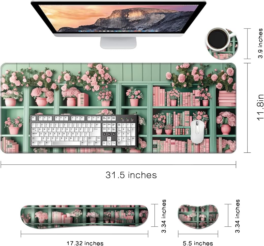 MIBITRI Keyboard Mouse Pad Set, Extended Gaming Mouse Pad+Ergonomics Keyboard Wrist Rest Support, Memory Foam, Easy Typing Pain Relief, 4Pcs XXL Ultra Thick Desk Mat, Enchanted Bookshelf