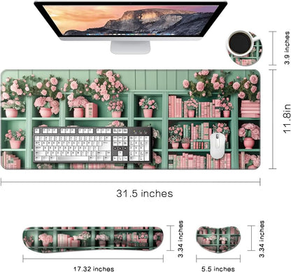 MIBITRI Keyboard Mouse Pad Set, Extended Gaming Mouse Pad+Ergonomics Keyboard Wrist Rest Support, Memory Foam, Easy Typing Pain Relief, 4Pcs XXL Ultra Thick Desk Mat, Enchanted Bookshelf