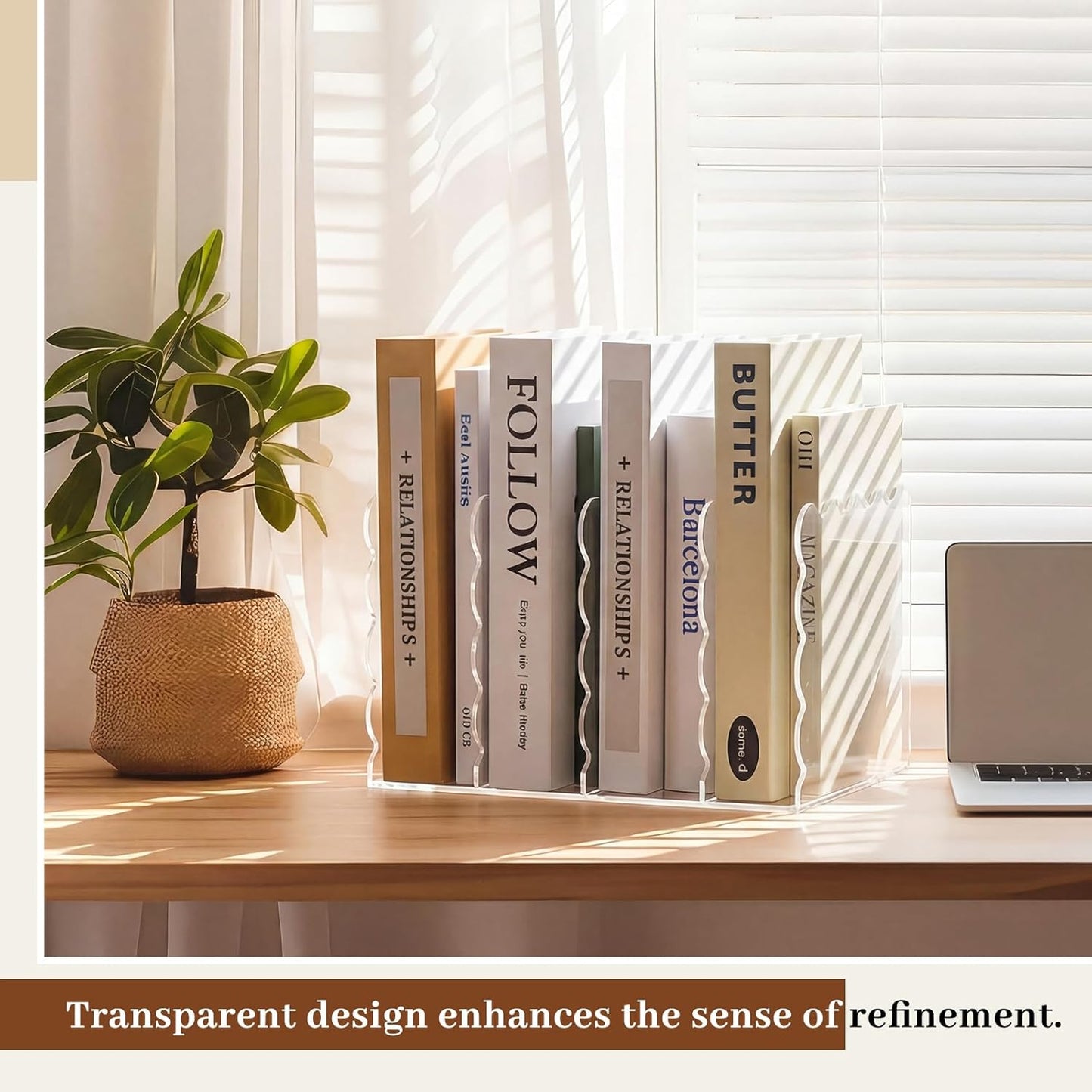 AmazingSpark Scalloped Acrylic Book Holder for Desk with 4 Vertical Compartments 11.22 x 7.28 x 6.5 Inches Clear Acrylic Magazine Organizer Storage Mail Sorter with Wave Edge Design for Office Home
