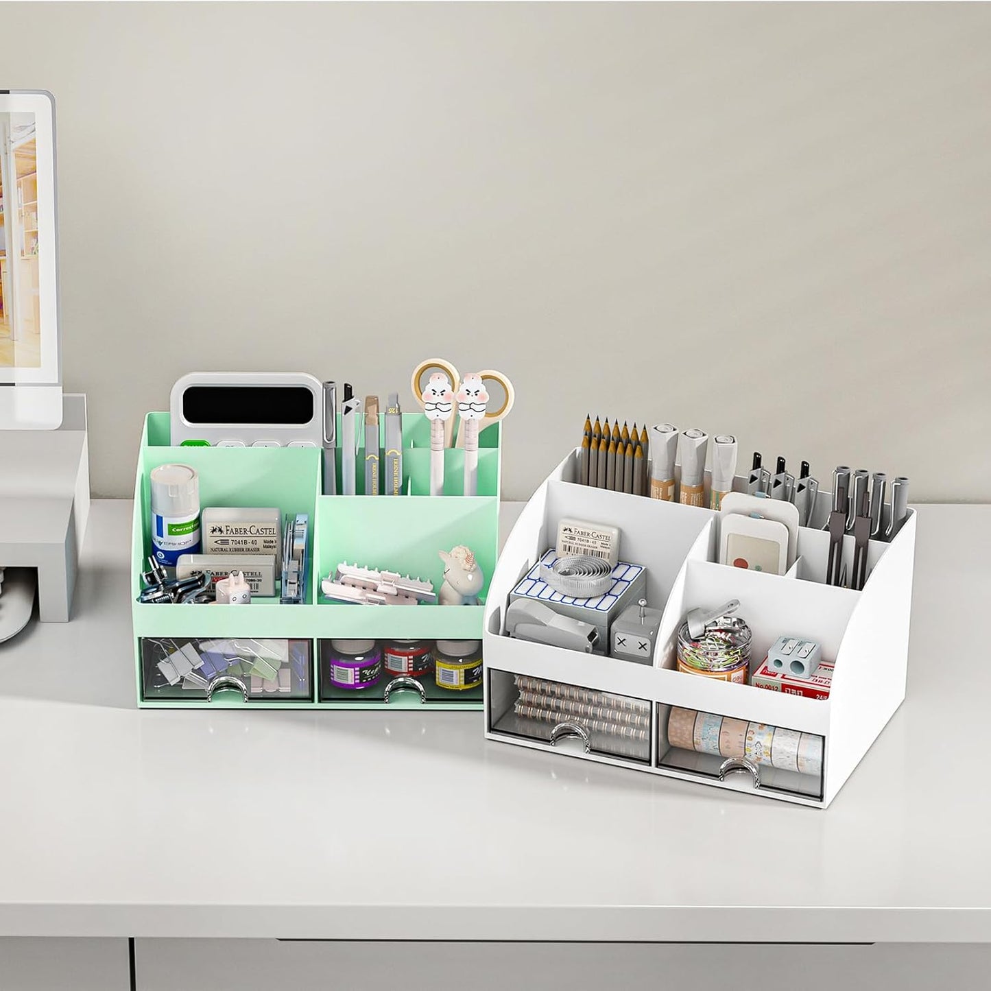 COMFYROOM Desk Organizer with 6 Compartments and 2 Drawers, Plastic Makeup Organizer, Pen Holder for Desktop Storage, Desk Organization for School, Home, Office Supplies (White)