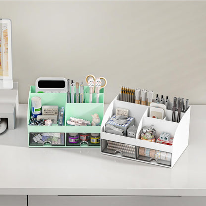 COMFYROOM Desk Organizer with 6 Compartments and 2 Drawers, Plastic Makeup Organizer, Pen Holder for Desktop Storage, Desk Organization for School, Home, Office Supplies (White)