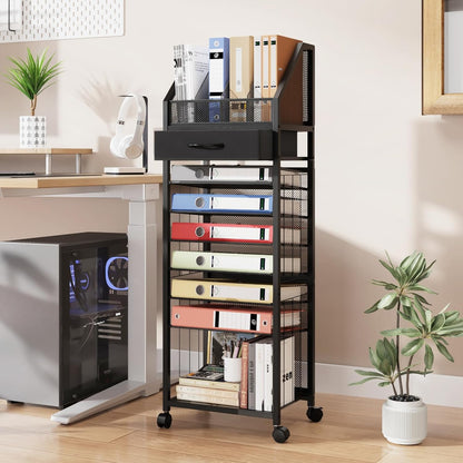 SWTYMIKI Desk Organizer with Drawers - Mesh and Wood Desk File Organizer with Pen Holders, 4-Tier Paper Organizer for Office Organizer and Accessorie, School and Home Storage, Black