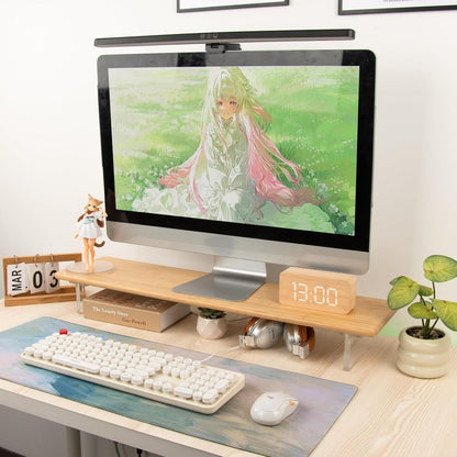 Bamboo Monitor Stand Riser with Acrylic Legs for Desk, 31.5 Inches Desktop Shelf Supports for PC Computer Monitor, Laptops, Printer, Speakers (White)