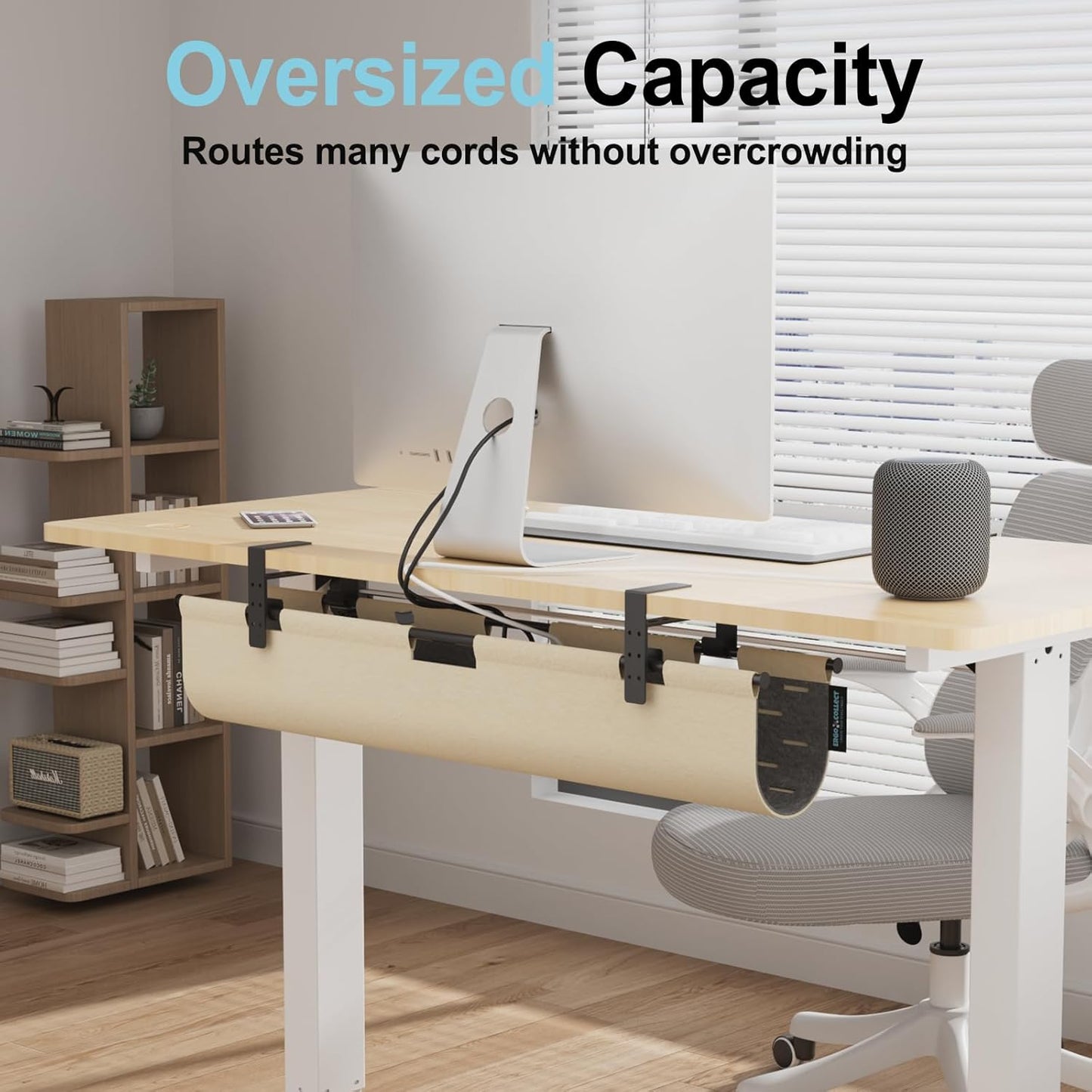 2-in-1 Under Desk Cable Management Tray & Privacy Panel, Dual-Sided Thick Felt Cord Organizer with 20 Cable Ties,Heavy Duty Steel Frame Support, No-Drill Clamp Mount,Large Capacity (Khaki/Gray, 45.2")