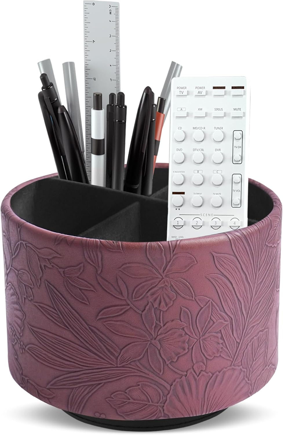 Hennaja Round Leather Art Supply Organizer,Remote Control Holder,360 Degree Rotating,Multi-Functional Pencil Holder,4 Compartments Desktop Stationary Organizer(1-Blue Bird) - Colors B