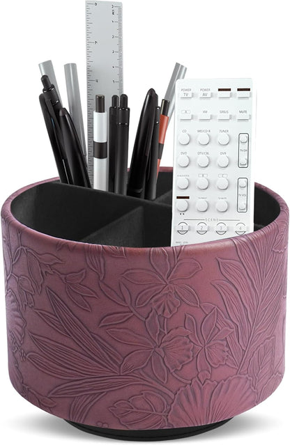 Hennaja Round Leather Art Supply Organizer,Remote Control Holder,360 Degree Rotating,Multi-Functional Pencil Holder,4 Compartments Desktop Stationary Organizer(1-Blue Bird) - Colors B