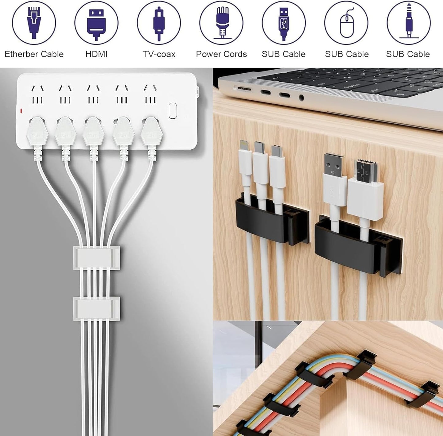 for Desk Under Table Wire Management Adhesive Cable Clips 49Pcs(Black).Used for Computer pc,tv,ethernet Wires Cable Management on Large Cable Hooks Organizer Clips (Black, Large：29PCS)