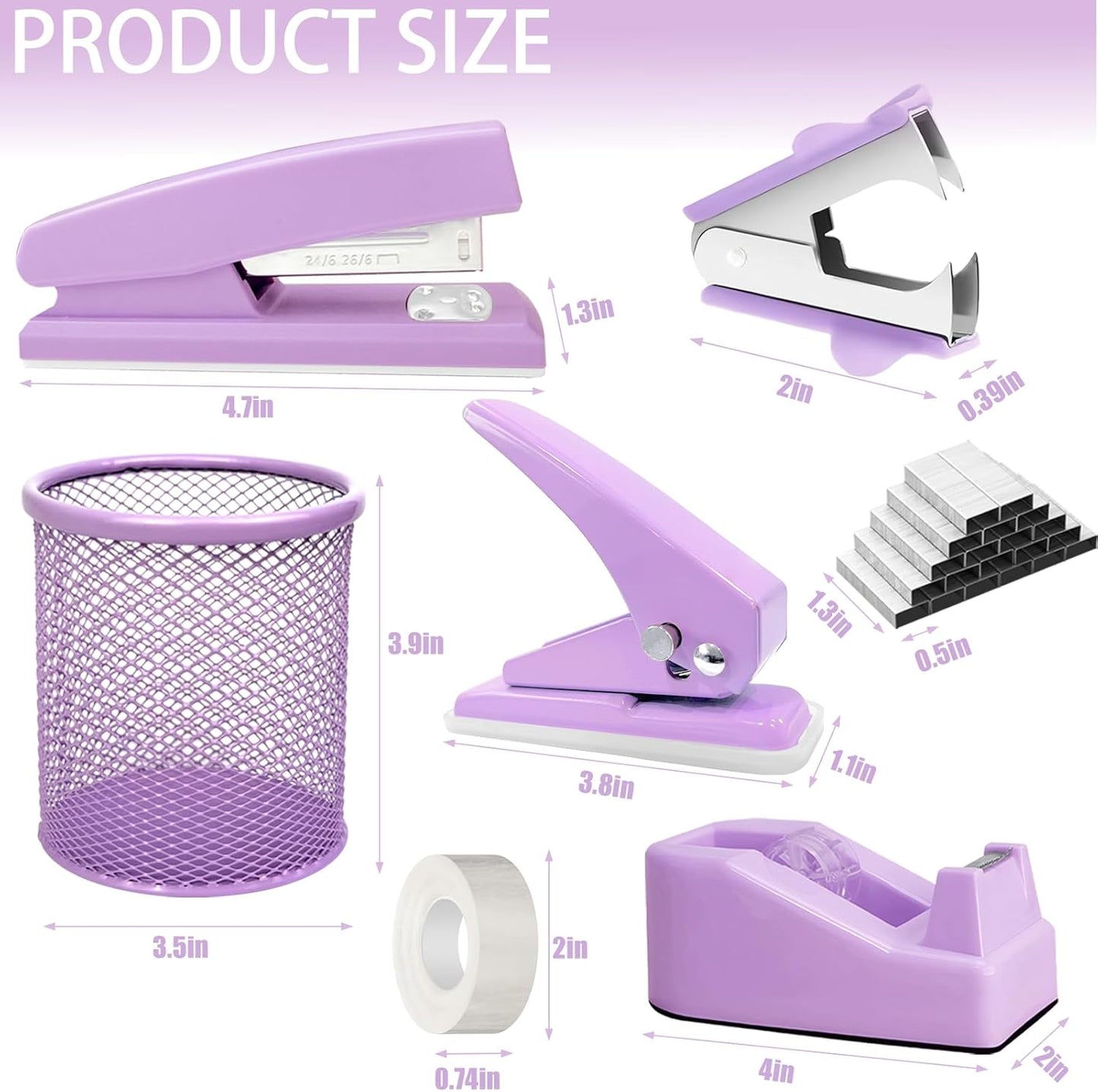 Purple Desk Accessories, 17Pcs Purple Office Supplies Set with Stapler, Mesh Desk Organizer, Tape Dispenser, Staple Remover, Pen Holder, Clips, Pens, Ruler, for Office Home School Women Students Gift