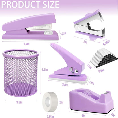 Purple Desk Accessories, 17Pcs Purple Office Supplies Set with Stapler, Mesh Desk Organizer, Tape Dispenser, Staple Remover, Pen Holder, Clips, Pens, Ruler, for Office Home School Women Students Gift