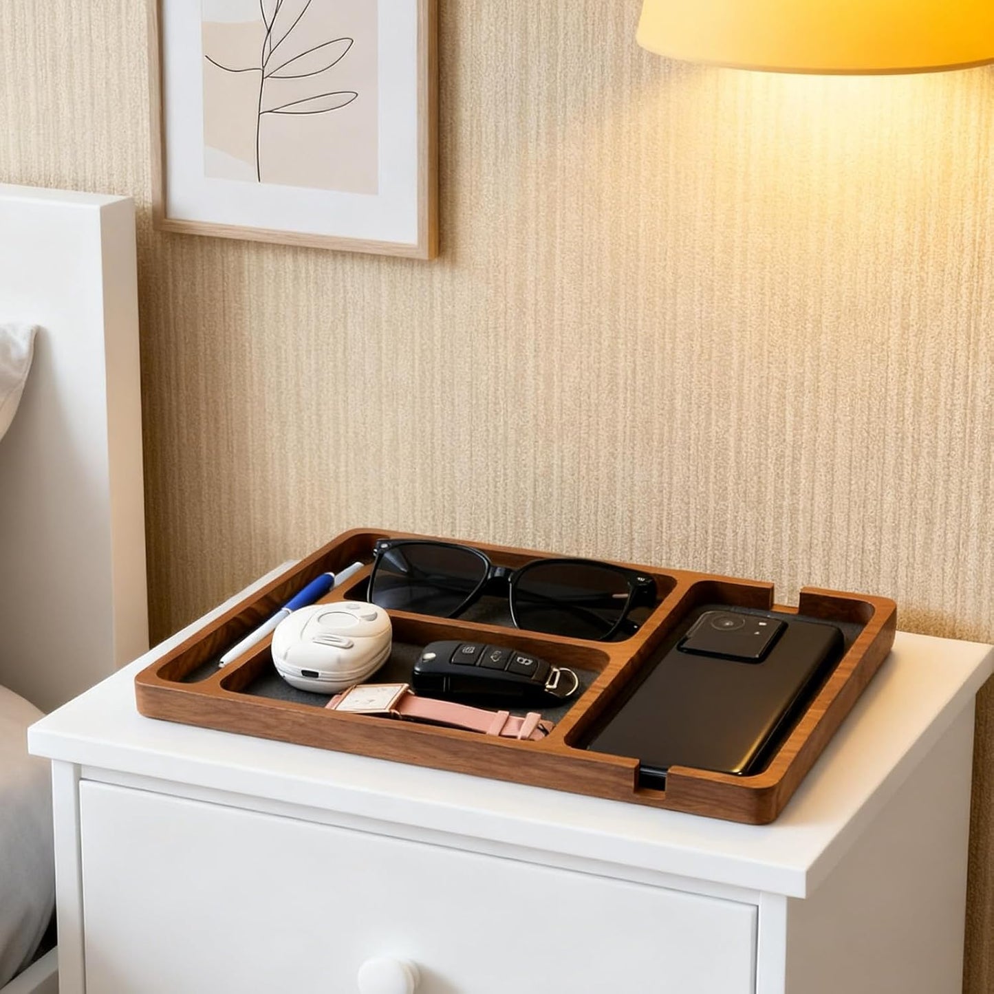 Sandalwood Wooden Valet Trays, Wood Nightstand Desk Organizer with Leather Inlay EDC Essentials Catch All Tray for Keys, Phone, Jewelry, Watch,Glasses (11.6 x 7.9 x 0.8 Inch)