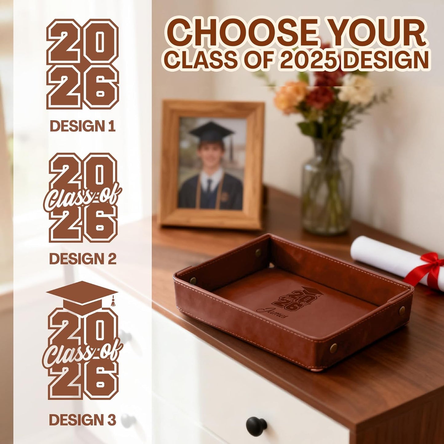 Engraved Leather Valet Tray for Men – Personalized Catchall with Custom Name for Desk, Dresser, Nightstand – Men's Organizer Tray for Keys, Wallet, Jewelry, Personalized Gift for Home, Office - Coffee
