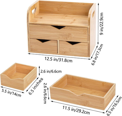 Hacaroa 3 Tier Bamboo Desktop Organizer with 3 Drawers, Tabletop Craft Box Cosmetic Storage Drawer with Handle, Portable Desk Letter Mail Sorter for Office Supply, Toiletries