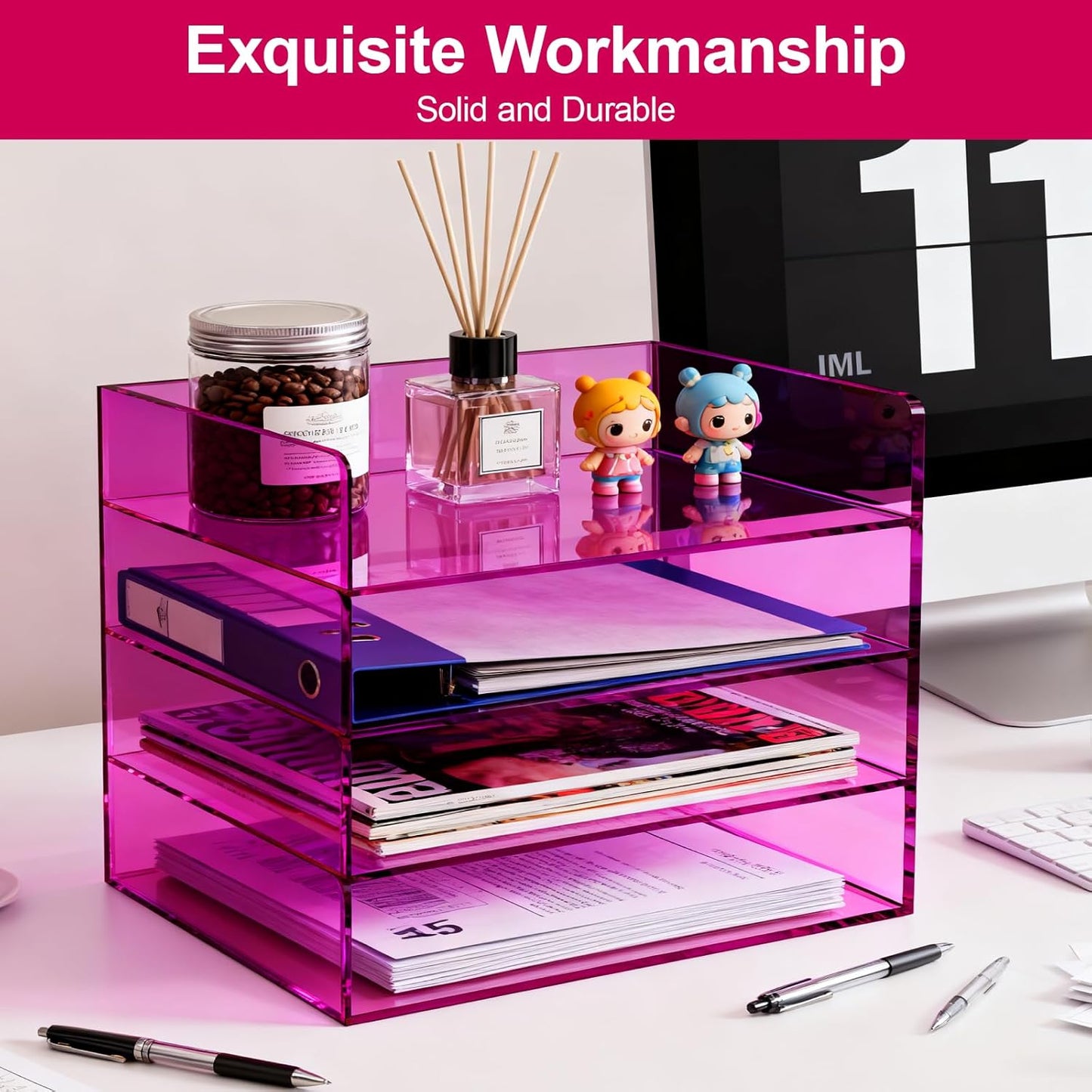Gelite Acrylic File Organizer for Desk 4 Tiered Stackable Letter Tray Office Paper Storage Desktop Document Sorter, Neon Pink
