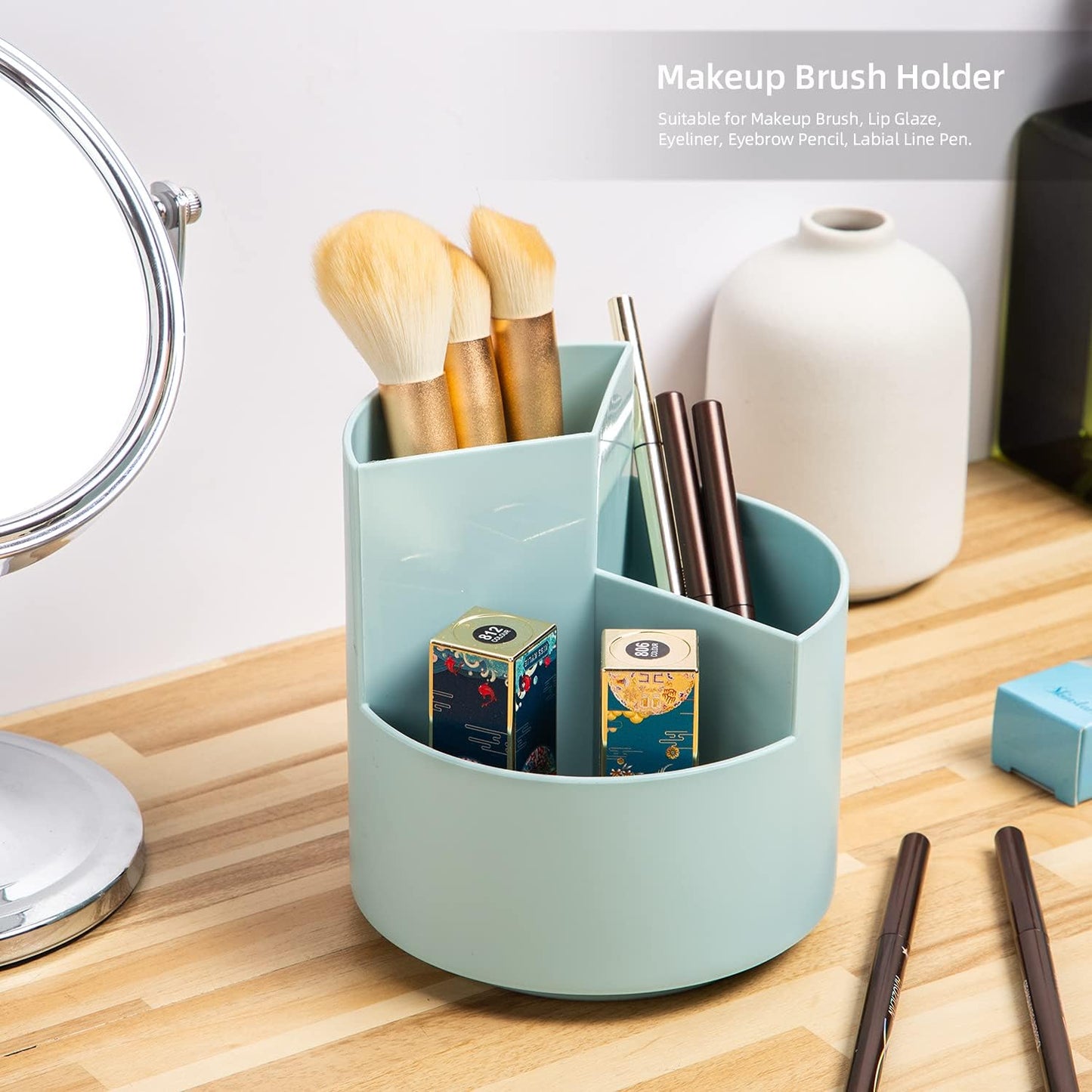Desk Pencil Pen Holder, 3 Slots 360-Degree Spinning Organizers, Desktop Storage Stationery Supplies, Cute Cup Pot for Office, School, Art Supply, Kids - White