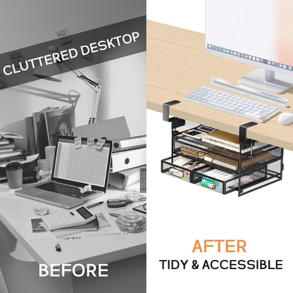 Under Desk Drawer Organizer 3 Layer, Large Under Desk Storage Side Drawers for Home & Office, Drill-Free Clamp-on Installation for Small Space, Spacious Storage for Office Supplies, Papers